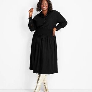 Women's Collared Long Sleeve Smocked MIDI Shirtdress